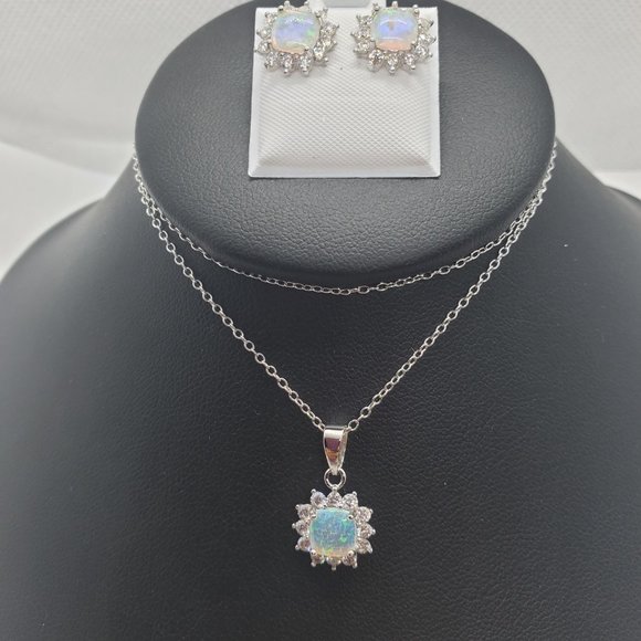 Silver 925 Rhodium Plated Opal Sun CZ Stud Earring and Necklace Set